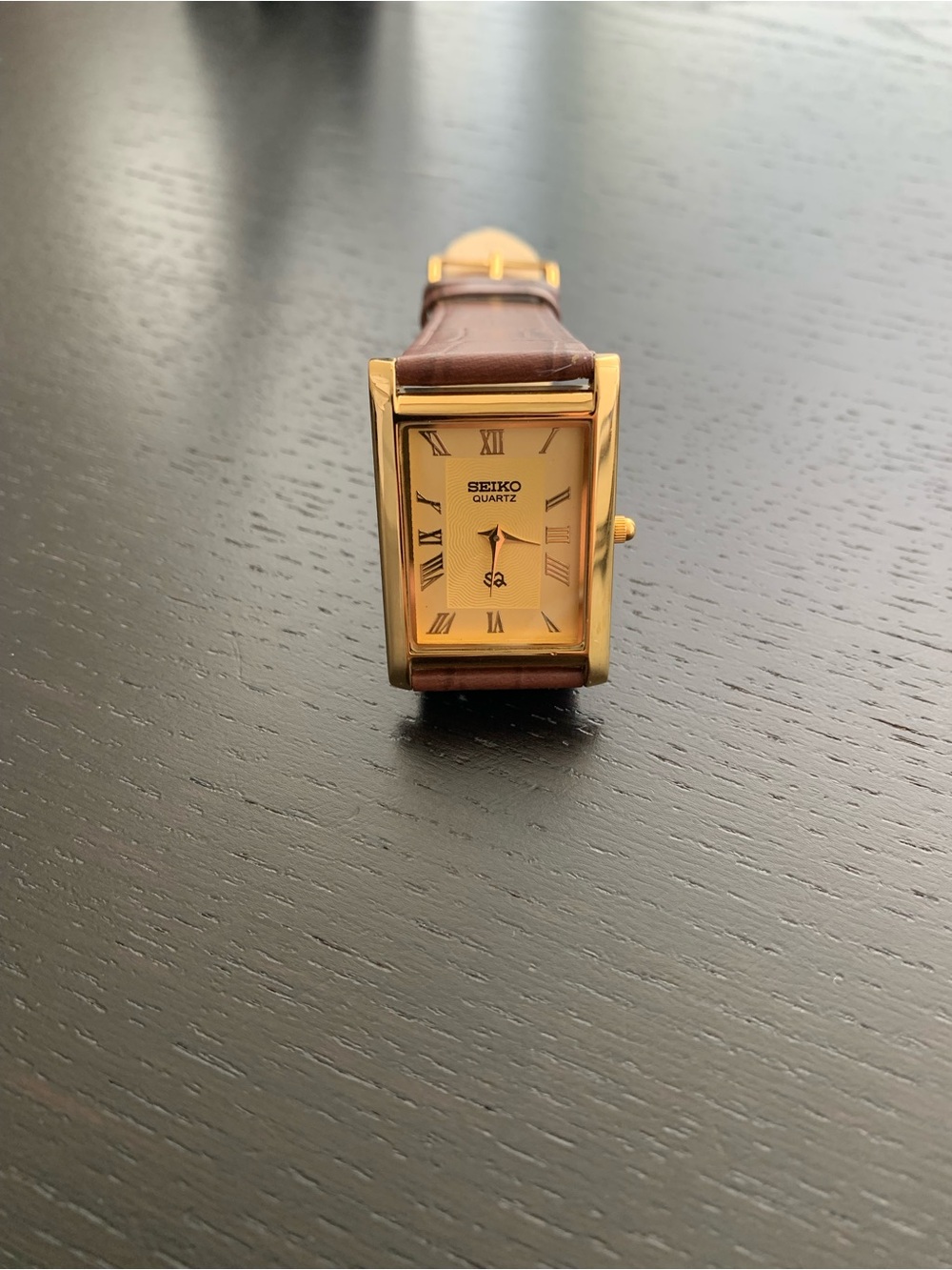 Vintage Seiko Tank watch Gold dial Gold Bezel with Brown Strap